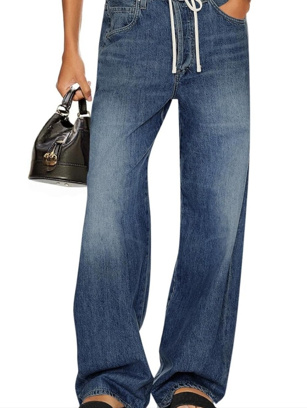 New Cicy Bell Womens Wide Leg Jeans Drawstring High Waisted Baggy Straight Leg